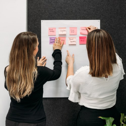 Blackjet mapping out a sales and marketing plan on a wall of sticky notes